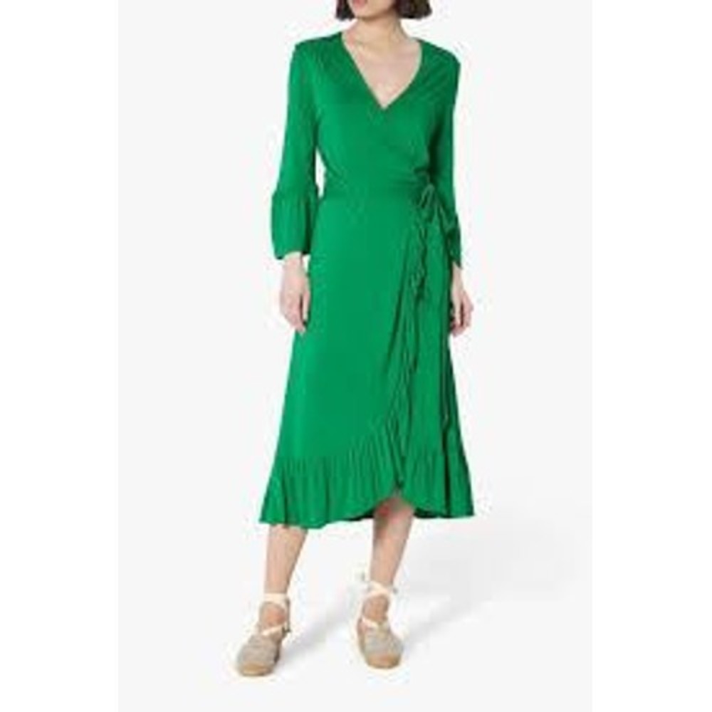 LK Bennett Fern Green Vika Ruffle Wrap‎ Midi Dress 3/4 Bell Sleeve Size US 6